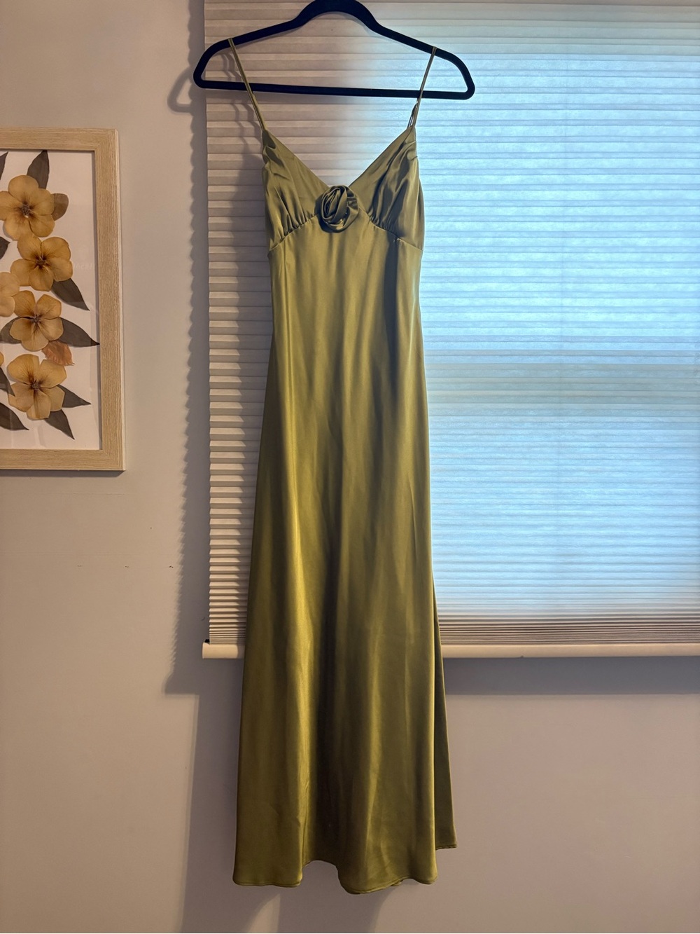 Olive Green Satin Slip Dress with Flower Detail